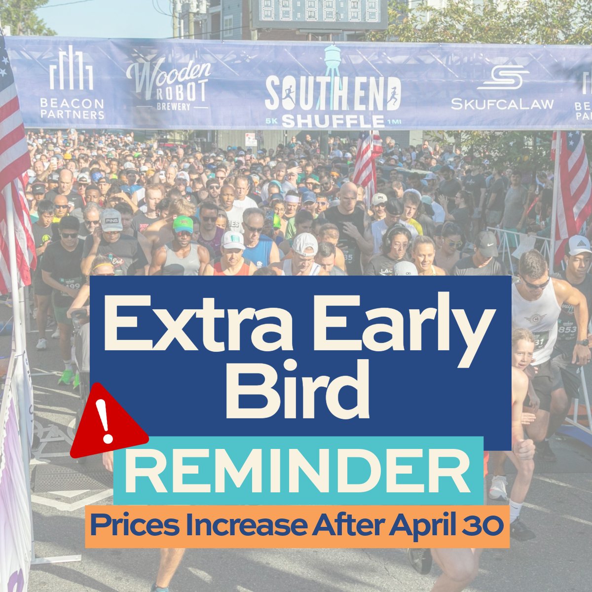 SouthEndShuffle's tweet photo. ⏰ Price increase coming!

Super Early Bird pricing for the South End Shuffle 5K &amp; 1 Mile Run ends April 30.

Register now to lock in the lowest price.

🏃 Sept 12
🔗 https://t.co/ABJV8PElMI

#SouthEndShuffle #RunCLT https://t.co/B9BZavEMA9