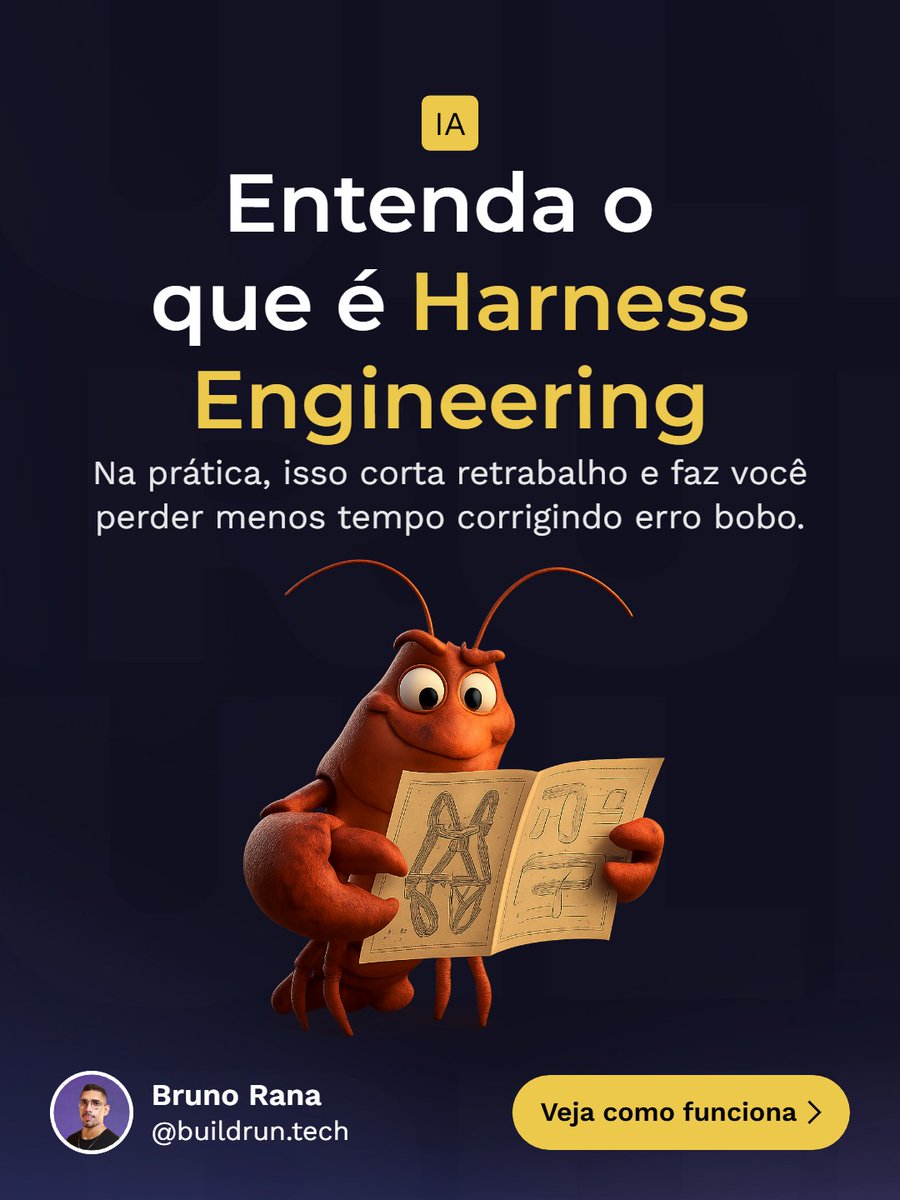 buildruntech's tweet photo. Harness engineering é o que separa um agente que só gera código de um agente que realmente ajuda no fluxo.

Na prática, é a camada em volta do agente que dá contexto, impõe limite e confere a resposta antes de ela chegar em você. https://t.co/NQRAEiY36r