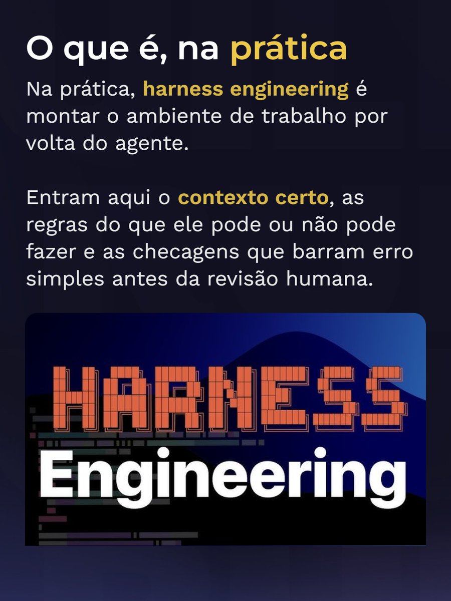 buildruntech's tweet photo. Harness engineering é o que separa um agente que só gera código de um agente que realmente ajuda no fluxo.

Na prática, é a camada em volta do agente que dá contexto, impõe limite e confere a resposta antes de ela chegar em você. https://t.co/NQRAEiY36r