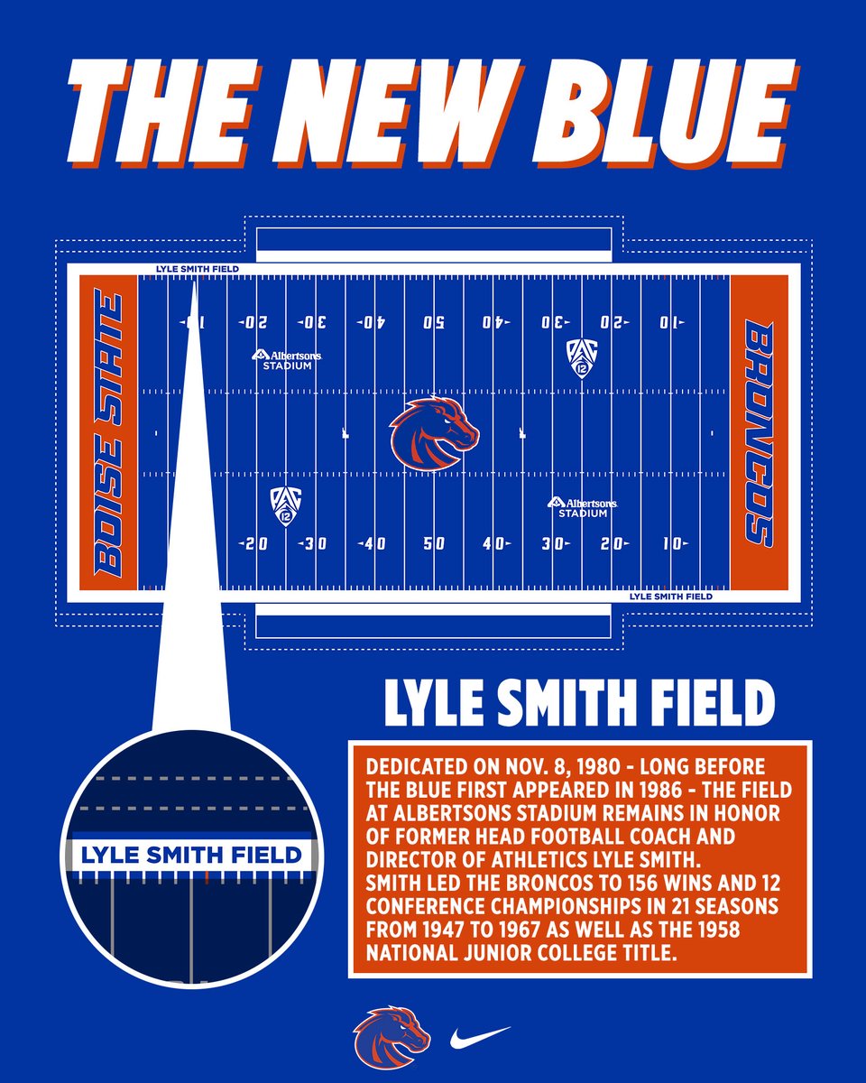 MikeFPrater's tweet photo. NEW BLUE: #BoiseState has unveiled a new design for its new blue, being installed this summer. The coolest thing: Honoring Kellen and Ashton with permanent orange hash marks on the 2 and 11 yard sidelines. And sneaky "front porch" Idaho reminders on both 35s. 

Your thoughts? https://t.co/5MrA74hDIh