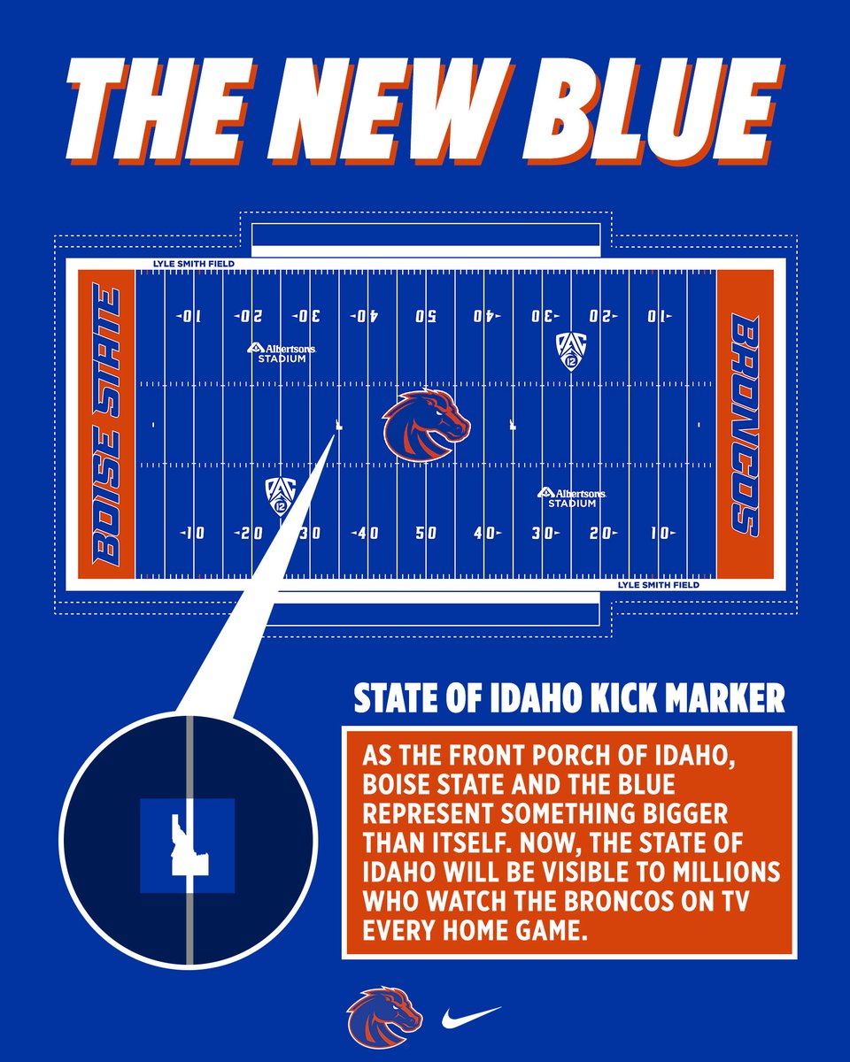 MikeFPrater's tweet photo. NEW BLUE: #BoiseState has unveiled a new design for its new blue, being installed this summer. The coolest thing: Honoring Kellen and Ashton with permanent orange hash marks on the 2 and 11 yard sidelines. And sneaky "front porch" Idaho reminders on both 35s. 

Your thoughts? https://t.co/5MrA74hDIh