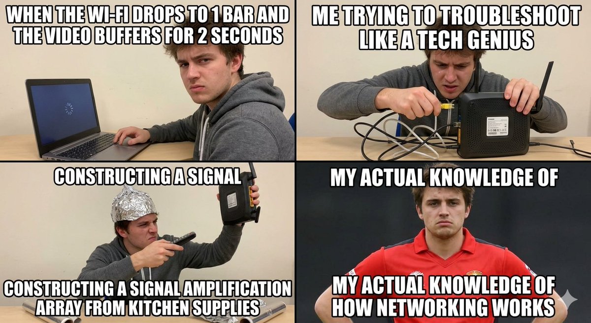 HTGAMER233742's tweet image. Me acting like a senior network engineer the moment the Wi-Fi drops to 1 bar. 🤡 #Relatable #WiFi #TechLife #Mood #InternetProblems