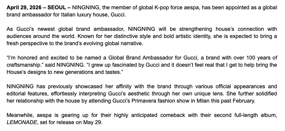 aespa's NINGNING on being named a Gucci global ambassador (via SM Entertainment)

"I grew up fascinated by Gucci and it doesn’t feel real that I get to help bring the House’s designs to new generations and tastes."