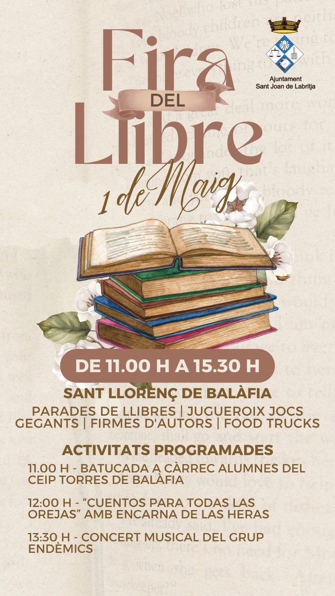 🌹📚 La Fira del Llibre de Sant Llorenç se celebrará el 1 de mayo de 11:00 a 15:30 horas. Como cada año, el grupo editorial Melqart Media (<a href="/melq_art/">melq.art</a> ) estará con su propio puesto.

🔗 ibiza-click.com/libros-musica-…

#IbizaClick #OcioIbiza #AgendaIbiza #SantLlorençDeBalàfia #DíaDelLibro