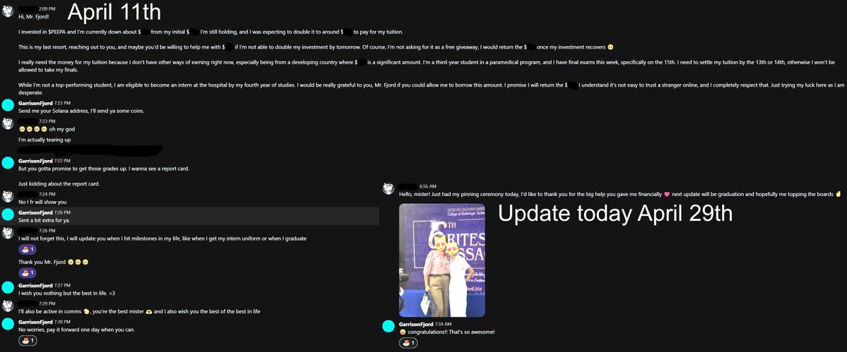 This is what helping the $Peepa community looks like. This could have easily been a scam, but I took a chance, and days later after they reached out seeking help, I received an update from them. Not another request for more funds, just a thankyou and a photo from their pinning