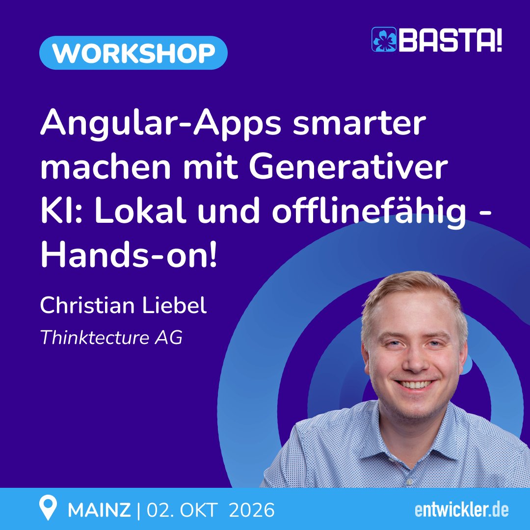 BASTAcon's tweet image. 🤖 Angular + Generative KI – lokal &amp;amp; offlinefähig!

@christianliebel zeigt auf der #bastacon, wie Du mit Transformers.js &amp;amp; Prompt API KI direkt in Angular-Apps bringst.

💬 Chatbot
📝 Auto-Formulare
⚙️ Hands-on

🔗 basta.net/ai-artificial-…

#Angular #GenerativeAI #JavaScript #AI