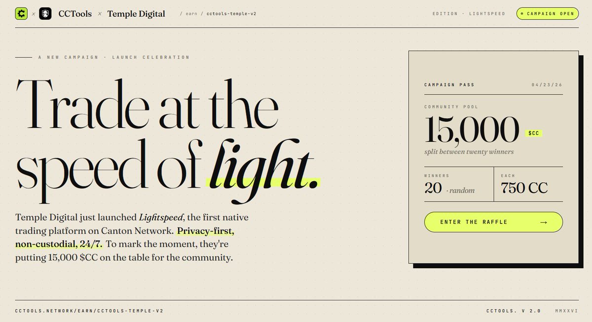 sommmmmmmaso's tweet image. Excited to see Temple hit the ground running! 🚀 The Lightspeed launch @temple_ny on @CantonNetwork is officially live. Big things ahead for the  ecosystem! 🏛️✨
​#CCTools #TempleV2 #CantonNetwork