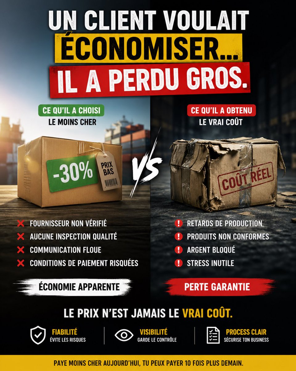 ceo360sourcing's tweet image. Un client voulait économiser…

-30% moins cher.
Même produit.

Résultat ?
❌ Produits non conformes
❌ Retards
❌ Argent perdu

👉 Il a payé 10x plus.

Le prix n’est jamais le vrai coût.

Tu importes ?
DM “SOURCING”

#sourcing #import #ecommerce #business