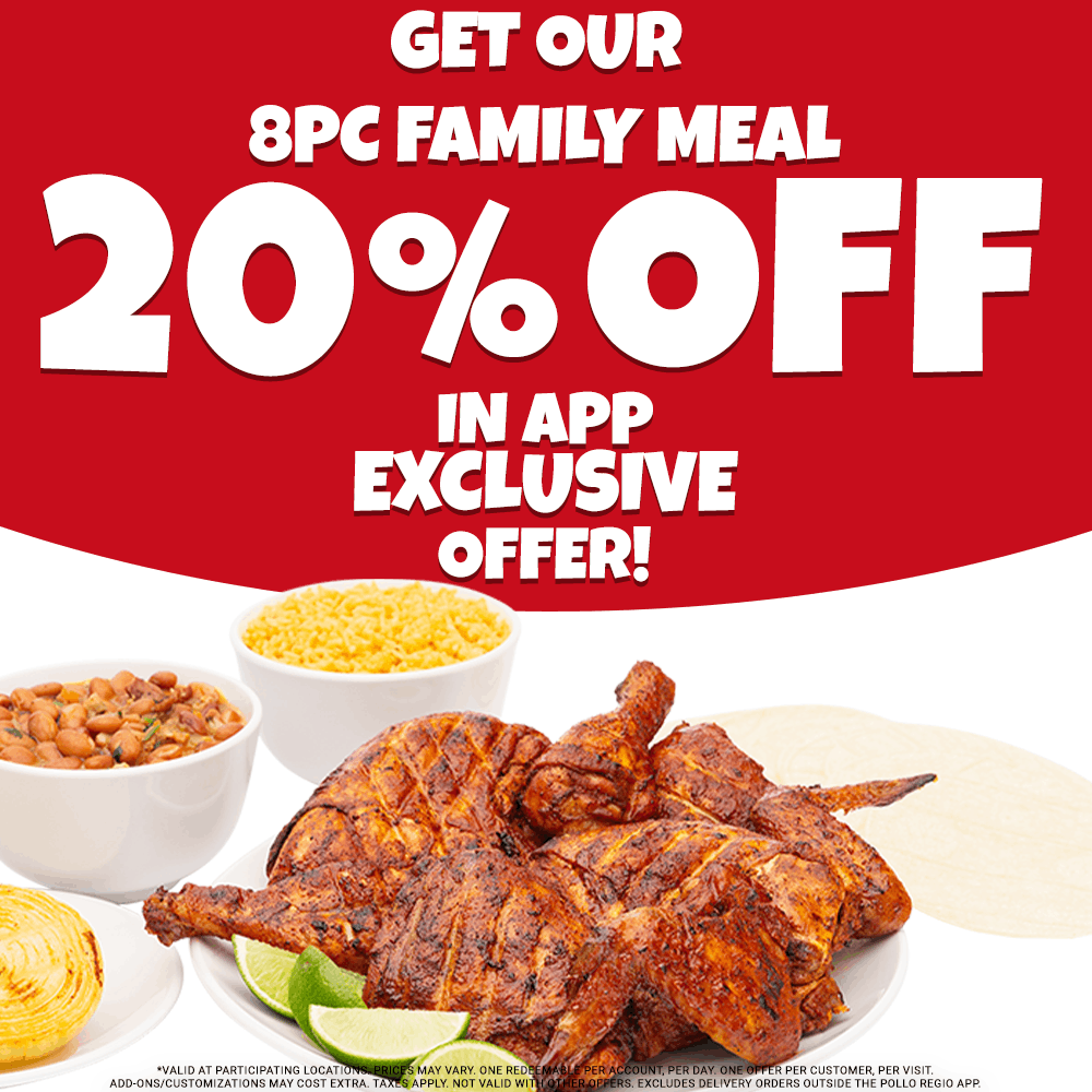 polloregio's tweet image. Enjoy our 8 Piece Family Chicken Meal 20% Off!
Available in the Pollo Regio app!🍗
Exclusions and restrictions apply.
Hurry, it ends today! Aren't a Regio Rewards member? Sign up today and don't miss out on future deals!
#PolloRegio #8Piece #DealOfTheDay #RegioFlavor #TodayOnly