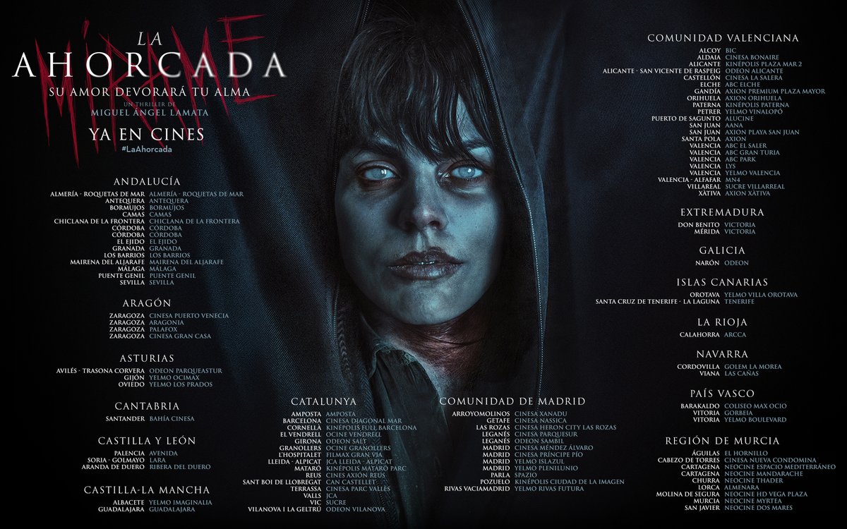filmax's tweet photo. El terror te espera este largo fin de semana en todos estos cines. 

#LaAhorcada está dispuesta a devorar tu alma en el universo paranormal. 🎬 Amaia Salamanca, Eduardo Noriega, Cosette Silguero y Norma Ruiz protagonizan esta historia de venganza y misterio. 🎞️ https://t.co/HYveg77Y8o