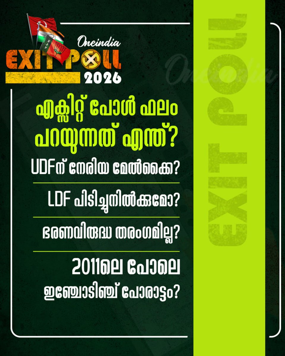 thatsMalayalam's tweet image. കേരളത്തിൽ എക്സിറ്റ്പോൾ ഫലങ്ങൾ പറയുന്നതെന്ത്?
#KeralaExitPoll2026 #keralaassemblyelection2026 #PoliticsToday #OneindiaMalayalam #OIMalayalam