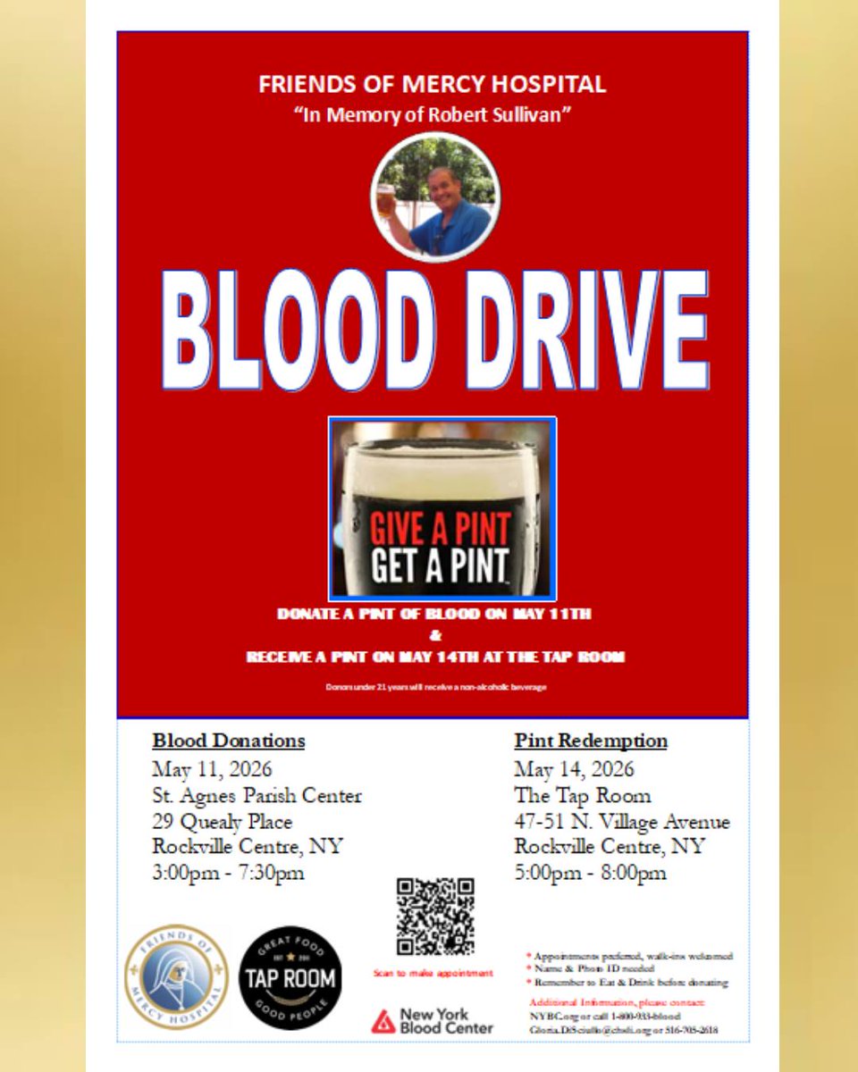 friendsofmercy1's tweet image. Happy May everyone! We encourage you to add our Blood Drive to your calendar!

Give a pint at St. Agnes Parish Center on May 11th and receive a free pint of beer at Tap Room on May 14th!

#BloodDrive #GiveBlood #RockvilleCentre #CommunitySupport #MakeADifference