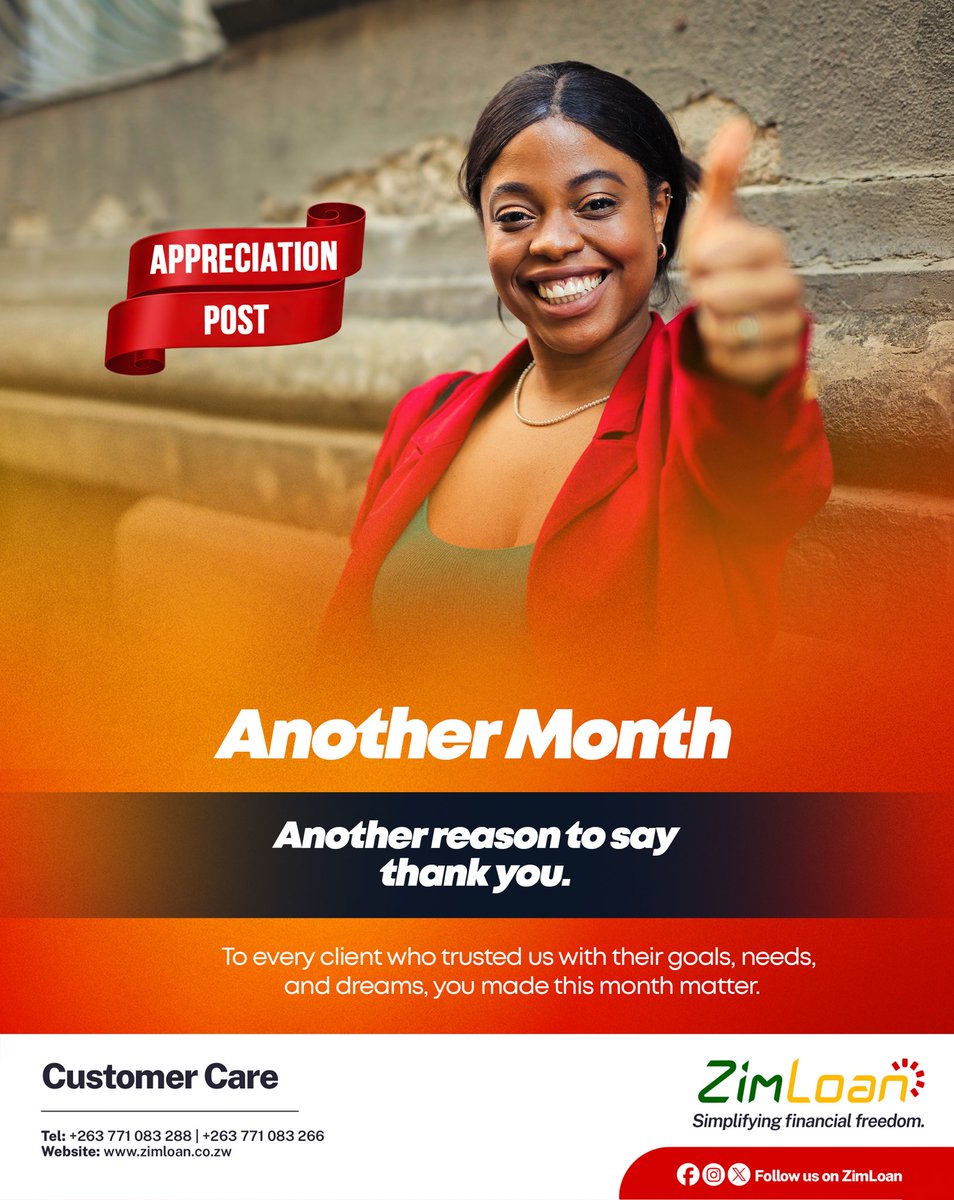 ZimLoan_zw's tweet image. Stay with us. Grow with us:
zimloan.com/?umt=FB_Boost1

#ZimLoan #ThankYou #ClientAppreciation #MonthlyGratitude #TogetherWeGrow
