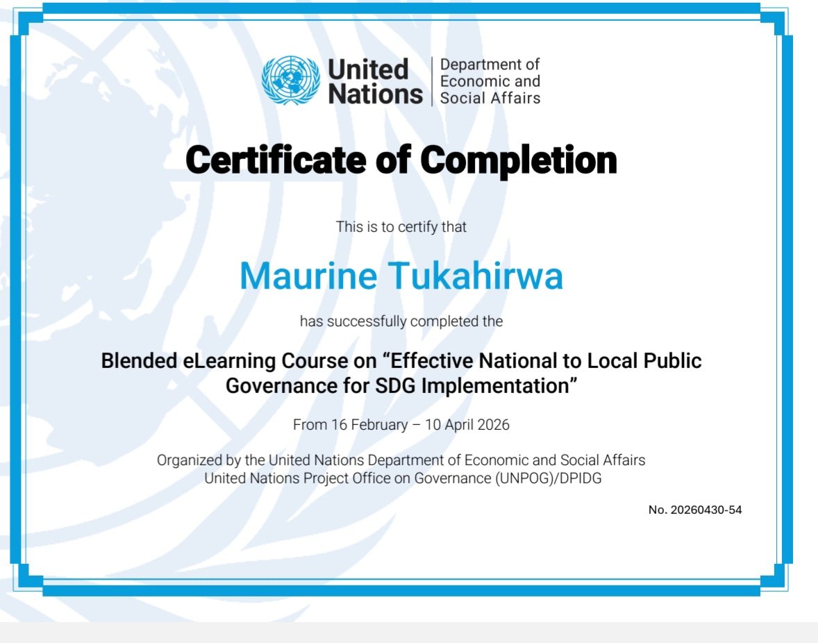 mauryn70's tweet image. Another Certificate bagged towards my contribution to attaining Sustainable Development. Grateful 🙏 

#Youth4SDGs
#Governance 

@ug_girls 
@UNDESA