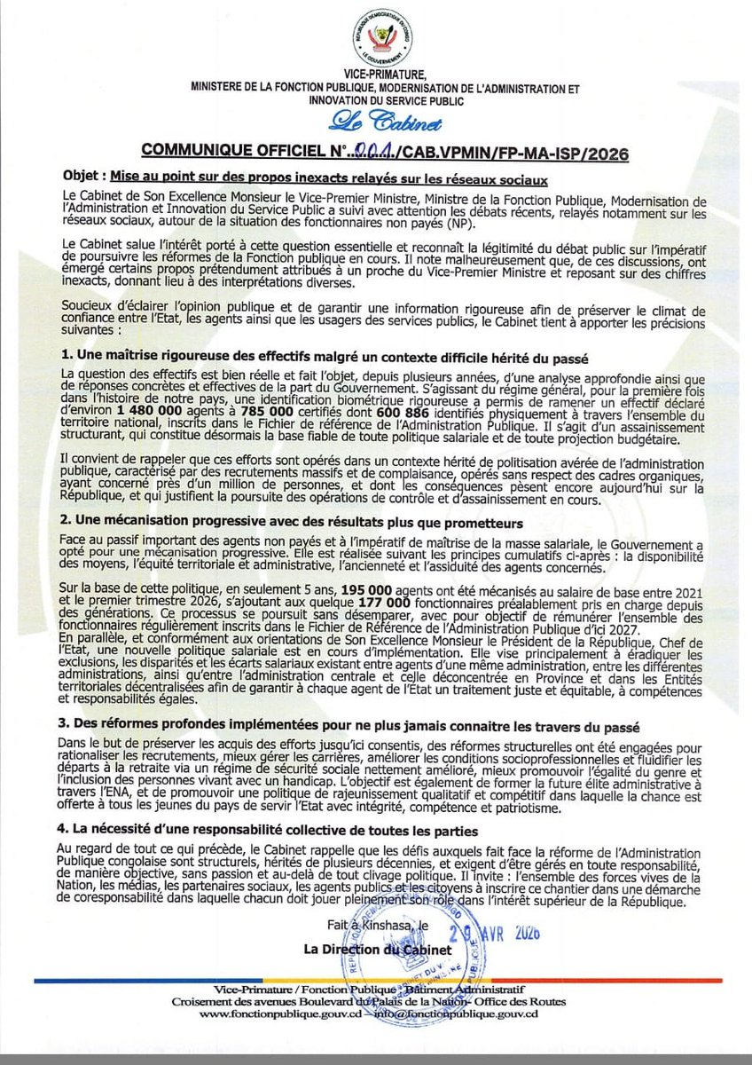 Ministère de la Fonction Publique - RD Congo 🇨🇩 tweet media