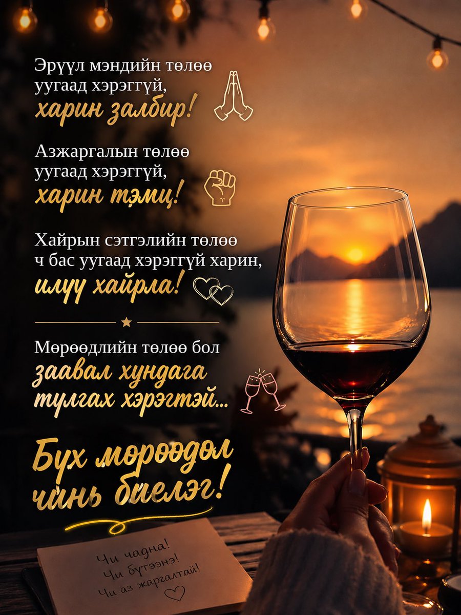 aariikaa's tweet photo. Эрүүл мэндийн төлөө уугаад хэрэггүй, харин залбир!
Азжаргалын төлөө уугаад хэрэггүй, харин тэмц!
Хайрын сэтгэлийн төлөө ч бас уугаад хэрэггүй харин, илүү хайрла!
Мөрөөдлийн төлөө бол заавал хундага тулгах хэрэгтэй…
Бүх мөрөөдөл чинь биелэг! Тэгэж байгаад уух хэрэг гарвал хэлнэ.. https://t.co/qIhhvUSjmW