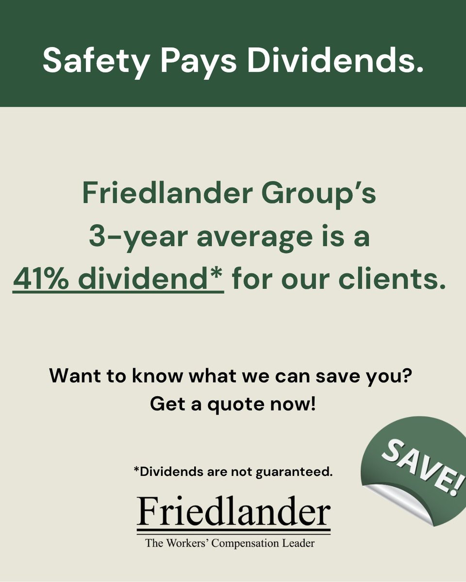 FriedlanderNY's tweet photo. NY businesses: Friedlander Group clients earn a 41% average dividend on their workers' comp. That's not a discount — that's a return on doing things right. #SafetyPaysDividends https://t.co/u3JZWK4HAd
