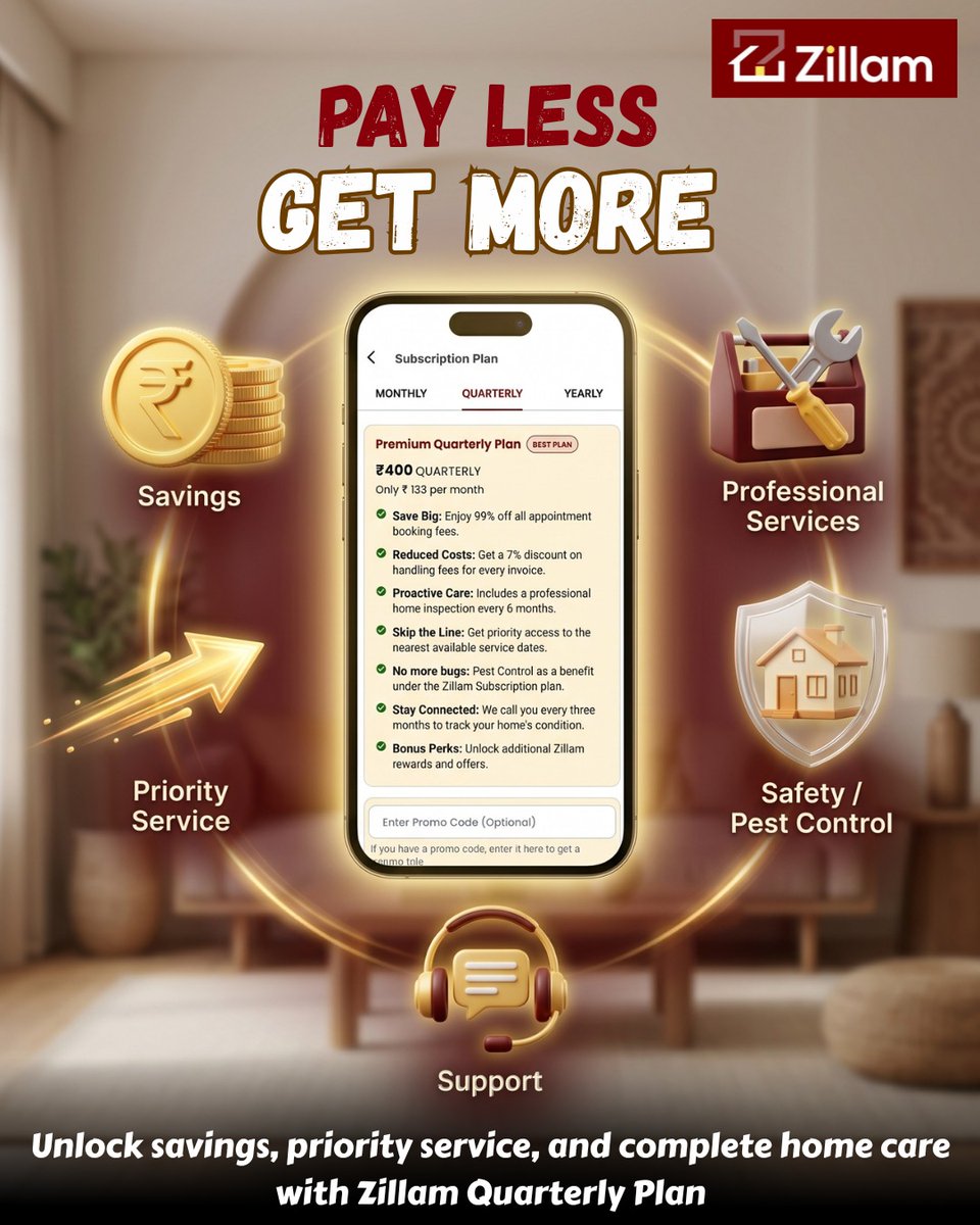 zillamapp's tweet image. Why pay more for home problems when you can solve them smarter? 💡
With Zillam Quarterly Plan, you get priority service, expert care, and real savings-all in one subscription.
Upgrade your home experience today. 🏡
#SmartLiving #HomeServices #SaveMore #PriorityService #trending