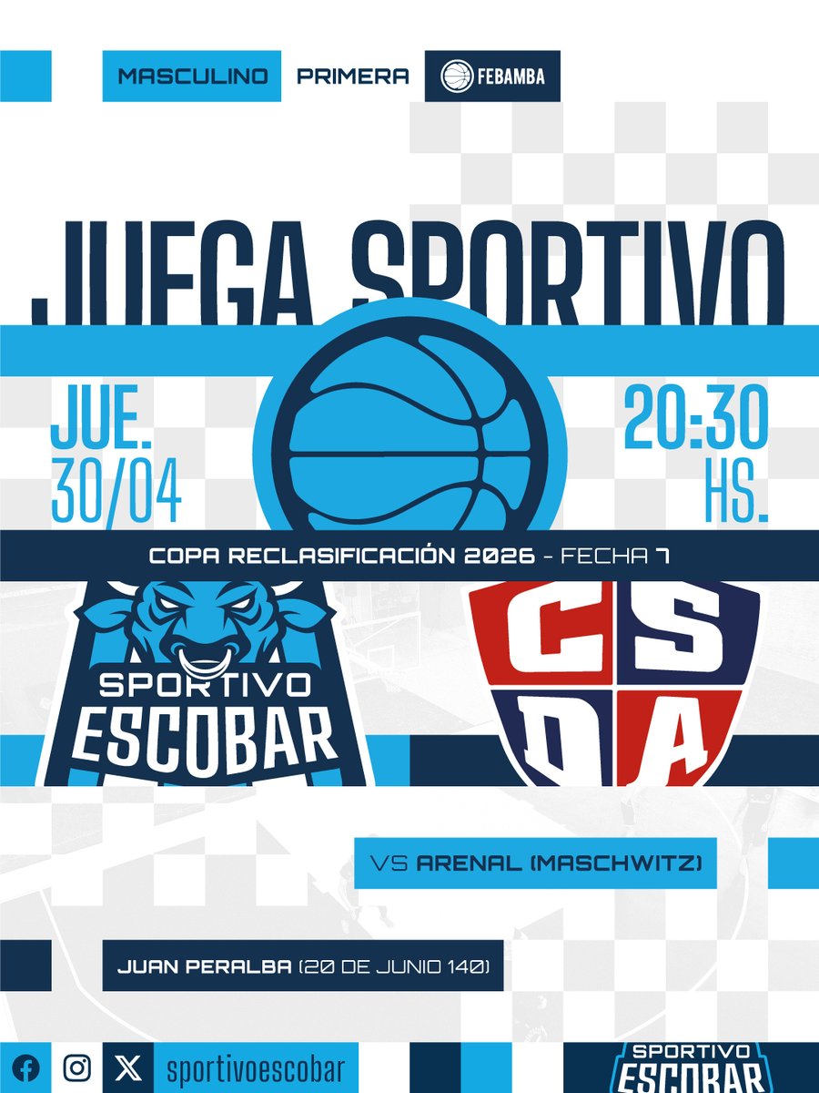 SportivoEscobar's tweet photo. 🏟️ 𝗝𝗨𝗘𝗩𝗘𝗦 𝗗𝗘 𝗣𝗥𝗜𝗠𝗘𝗥𝗔 𝗟𝗢𝗖𝗔𝗟 🏟️

Mañana jueves 30 de Abril la Primera local masculina @FEBAMBAok de #Sportivo(3-3) dirigida por Fer Bruckner recibe en un partidazo a #DeportivoArenal(4-2) a las 20:30 en el Juan Peralba

#SportivoEscobar101 | #Basquet #FeBAMBA https://t.co/ydoEozFXFb