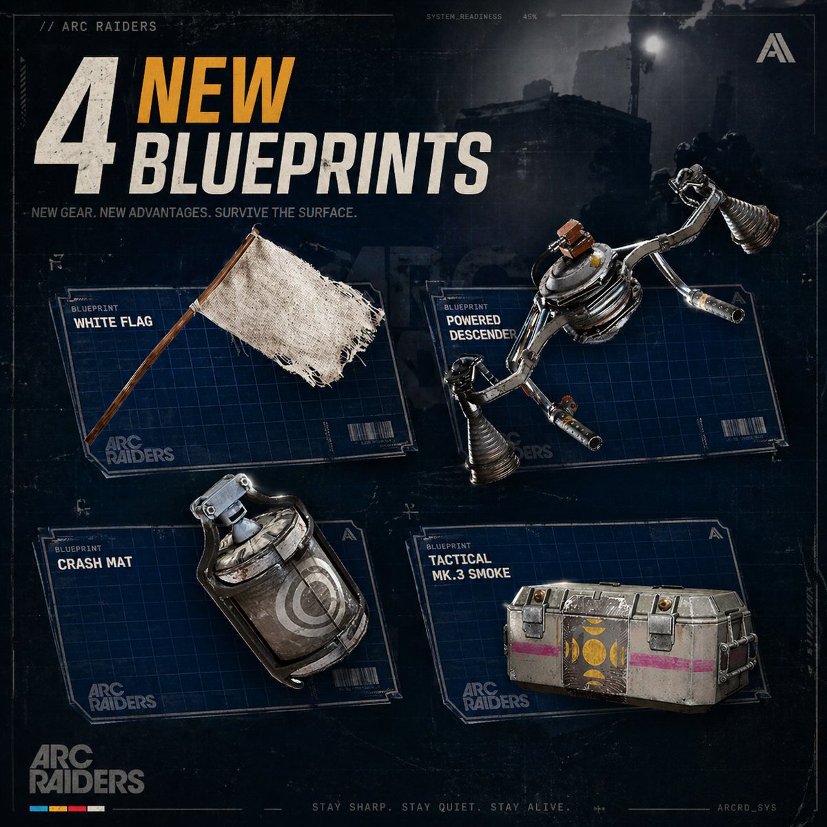 ZniecBoost's tweet image. ARC Raiders 4 new blueprints:

⚑ White Flag
🪂 Powered Descender
🛟 Crash Mat
💨 Tactical Mk.3 Smoke

Got any yet?
If not — you can order them from us 😉

#arcraiders #blueprint #arc