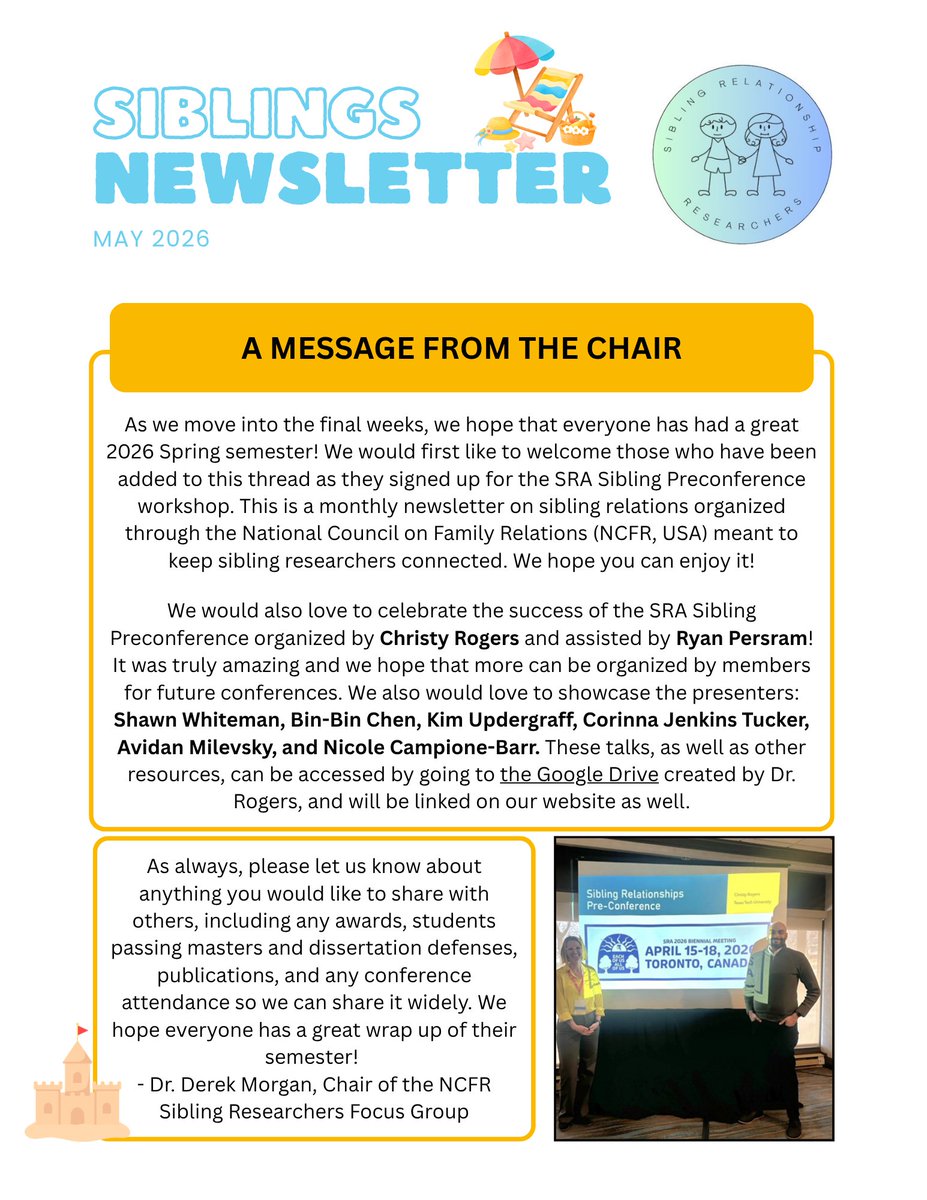 SibResearchers's tweet photo. It's May!
Check out our May newsletter for a recap of SRA, exciting sibling research highlights, award information, and more! For the interactive version, sign up for our email list (https://t.co/pI9LXmohXX).  
-Sybil https://t.co/XTMGHR2D6p