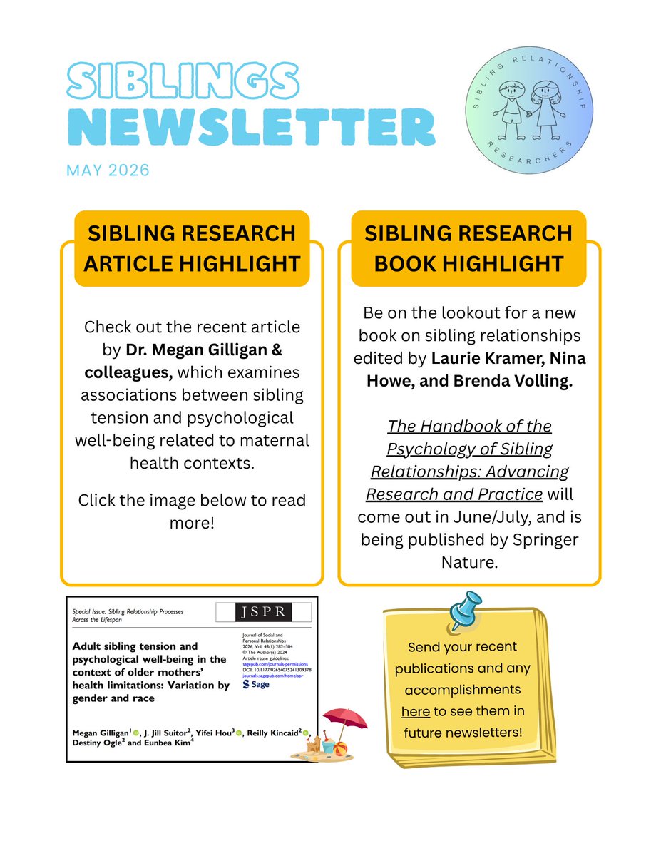 SibResearchers's tweet photo. It's May!
Check out our May newsletter for a recap of SRA, exciting sibling research highlights, award information, and more! For the interactive version, sign up for our email list (https://t.co/pI9LXmohXX).  
-Sybil https://t.co/XTMGHR2D6p