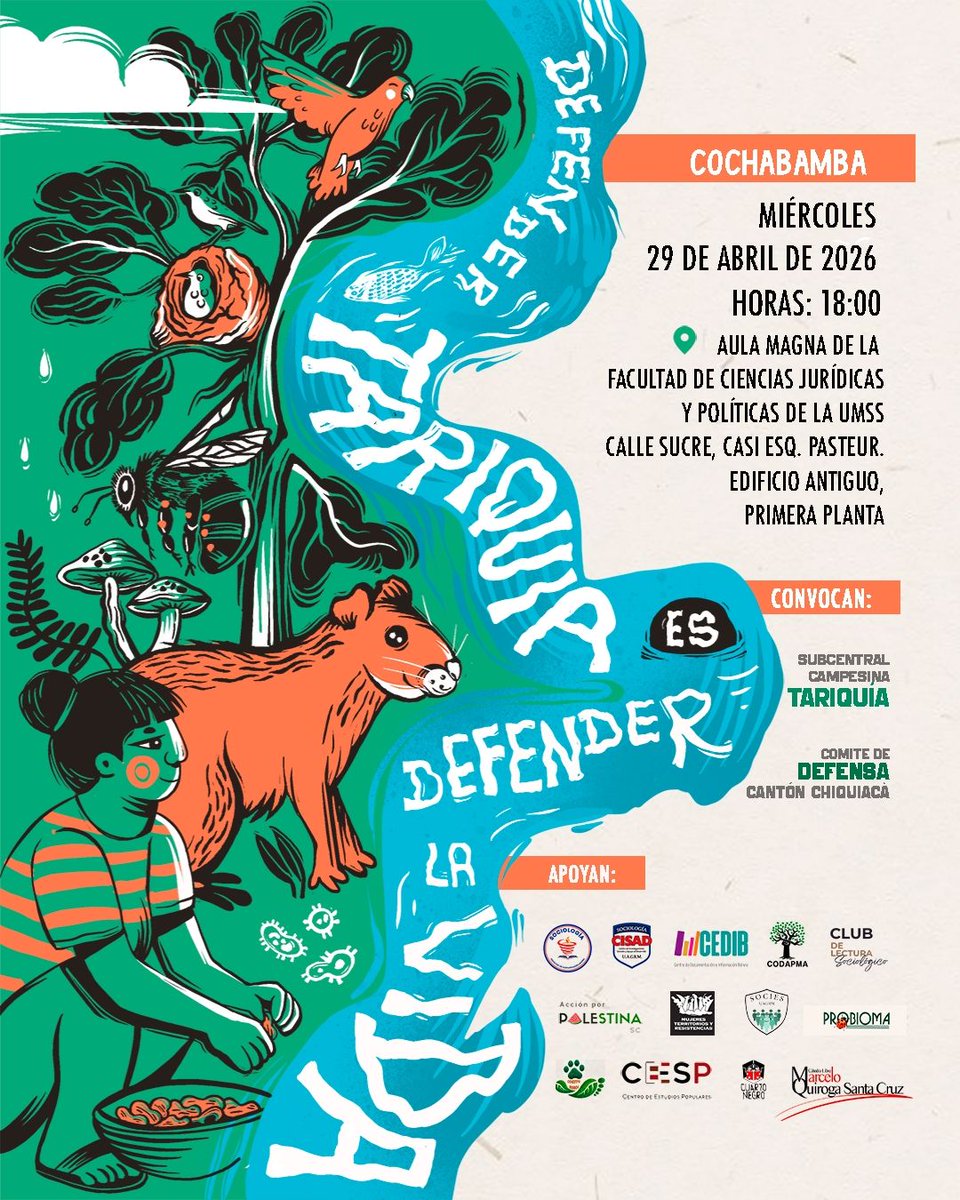 cedib_com's tweet photo. HOY arribaron defensoras y defensores #Tariquía a Cochabamba.
Sus voces y testimonios de lucha serán escuchados en el Foro "Defender Tariquía es defender la vida" a realizarse este 29 abril | Hrs. 18:00
📌Aula Magna, Facultad de Ciencias Políticas y Jurídicas UMSS
¡Les esperamos! https://t.co/5iFwG1B7yF