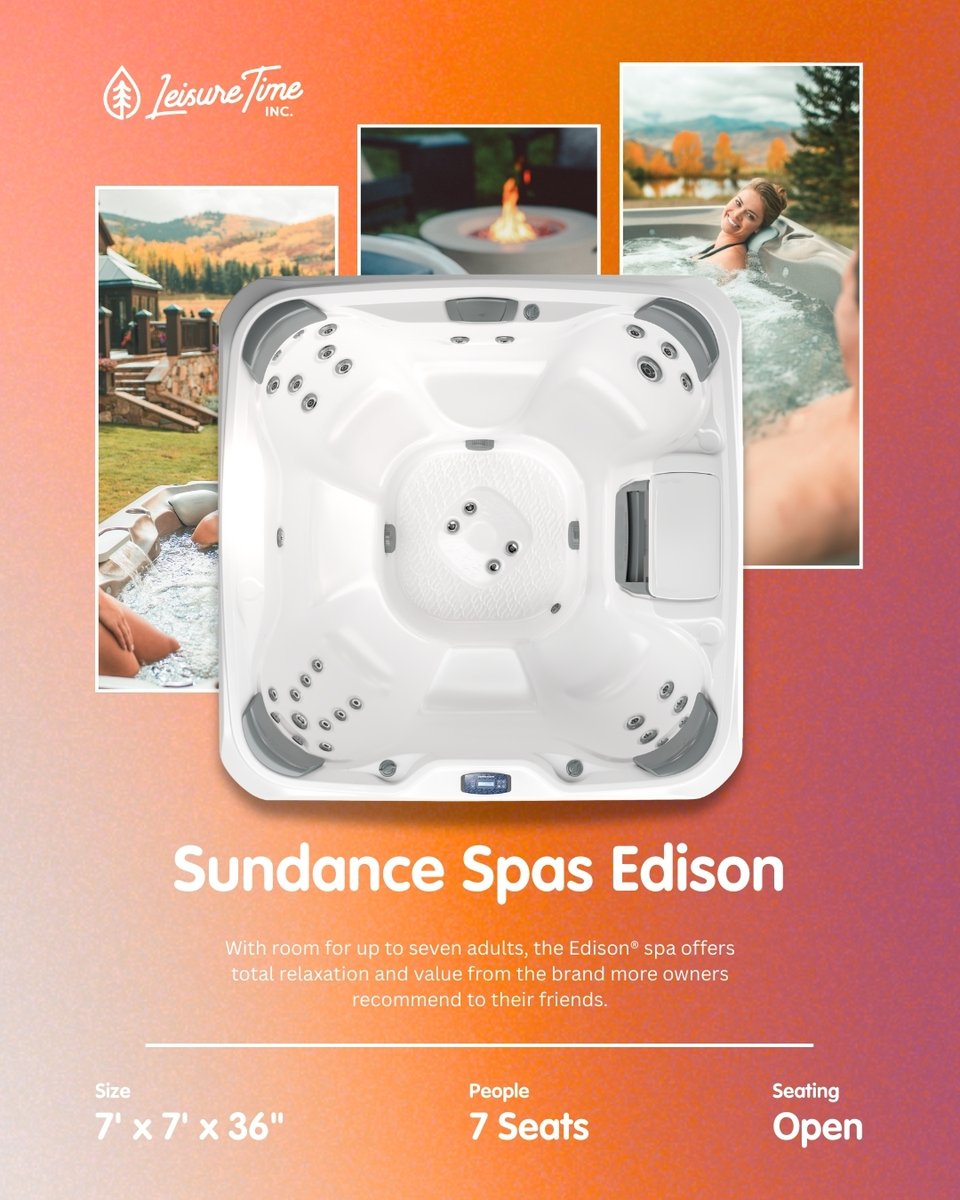 Leisure_Time_ID's tweet photo. Experience versatile seating and everyday relaxation with the Edison® by Sundance® Spas—now at Leisure Time Inc. in Boise and Twin Falls!

This spacious 7-person spa features 36 jets and a variety of unique seats designed for gentle neck relief, deep-tissue back massage, and targeted shoulder therapy. The Edison® offers easy water care with CLEARRAY Active Oxygen™ technology and a vertical filter, plus interior lighting and a soothing waterfall for added ambiance. Enjoy a cool down seat for socializing and foot dome jets for added comfort. The Edison® measures 7’ x 7’ x 36” and operates on 240V.

Ready to enjoy total body renewal every day? https://t.co/xHbuBpNf1e

Visit Leisure Time Inc. in Boise or Twin Falls to experience the Edison® and the full Sundance® Spas lineup!