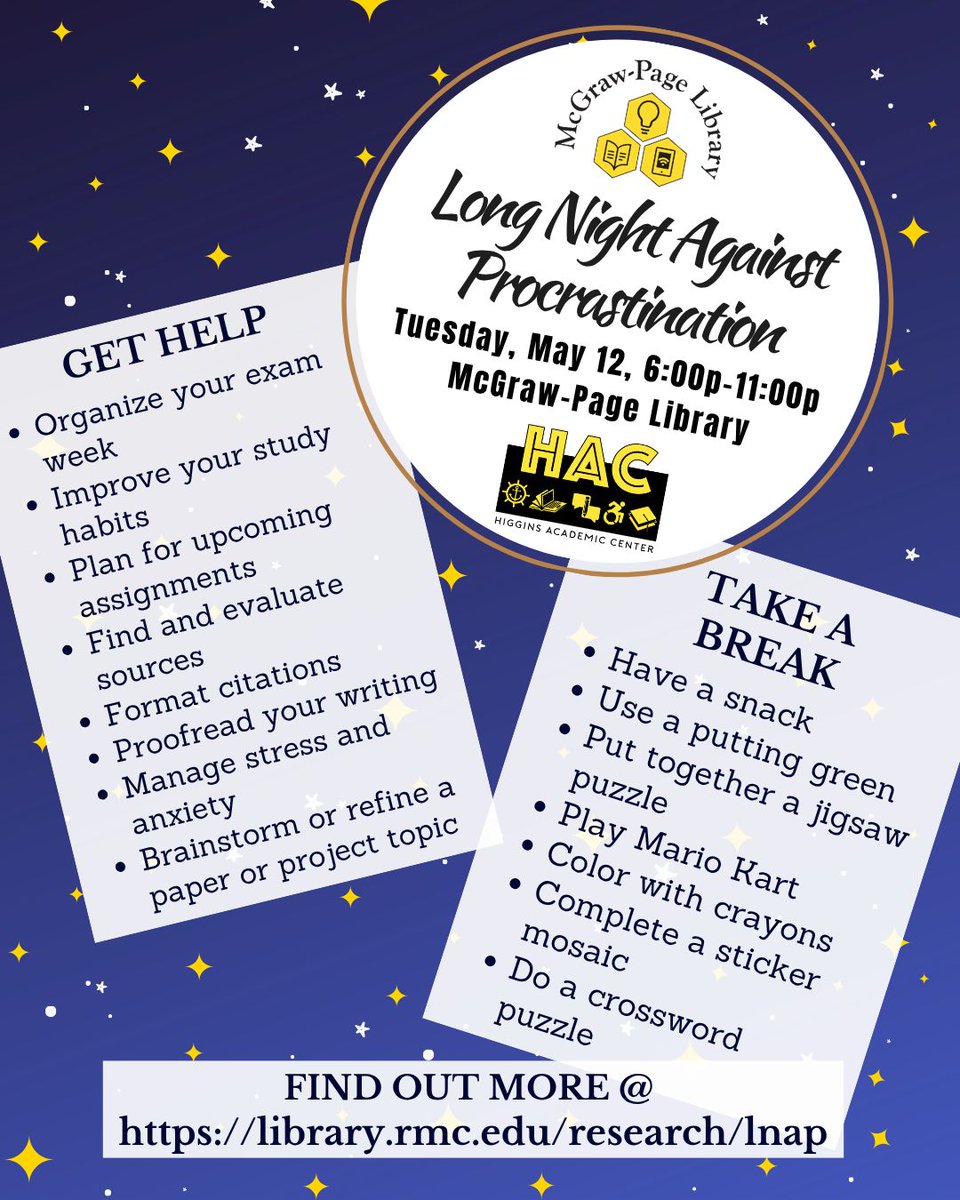 RMClib's tweet photo. LNAP is on Tuesday, May 12, from 6p-11p! Get help with papers and projects, time management, &amp; exam week organization. Learn techniques for reducing stress &amp; anxiety. Take a brain break by playing Mario Kart, or enjoying a snack! More at https://t.co/DF0FOWKanM! See you then! https://t.co/2Hj4BtpC0z