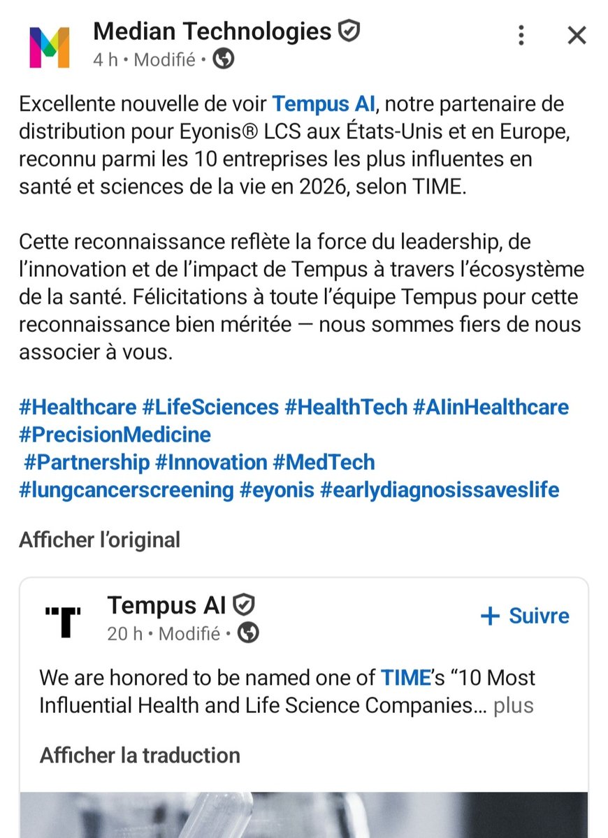 lechatenbourse's tweet image. Le @TIME place @TempusAI parmi les 10 entreprises les plus influentes du secteur santé en 2026.
Median Technologies a tapé dans le 1000 pour la commercialisation d'Eyonis grâce à ce partenaire de premier choix 🤝

#mediantechnologies $ALMDT #TIME #Tempus