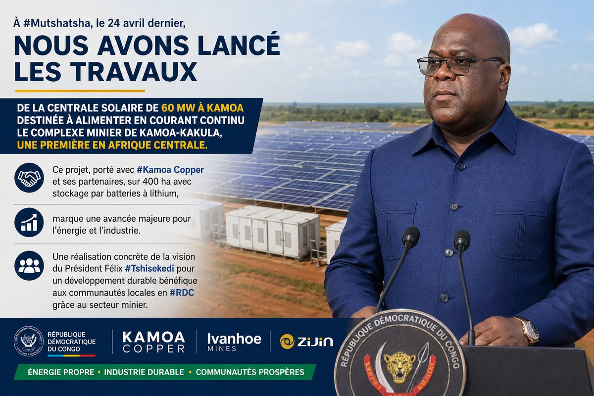 rickgabrielwadi's tweet photo. À #Mutshatsha, lancement des travaux d’une centrale solaire de 60 MW à Kamoa ⚡️☀️
Une première en Afrique centrale pour alimenter le complexe Kamoa-Kakula en énergie propre.
Avec #KamoaCopper et ses partenaires, ce projet de 400 ha avec stockage lithium marque une avancée majeure pour l’industrie et le développement durable en #RDC 🇨🇩
Vision du Président Félix #Tshisekedi en action.
@Presidence_RDC
@fatshi13_
@SuminwaJudith
@Shako_Beatrice2
@FifiMasukaSaini
@KetsiaOlangi