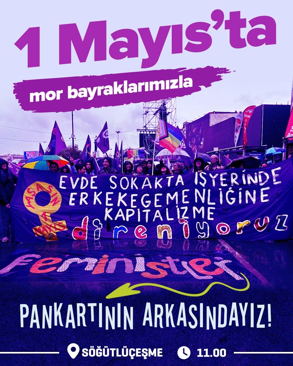 aralikfeminist's tweet photo. Emeğimizi evde bedava, işte en ucuz gören patriyarka ve kapitalizme karşı 1 Mayıs’ta mor bayraklarımızla feministler pankartının arkasındayız!

Yaşasın feminist mücadelemiz! 
Yaşasın 1 Mayıs!

⏱️11:00
📍Söğütlüçeşme https://t.co/Tmks7ALzaM