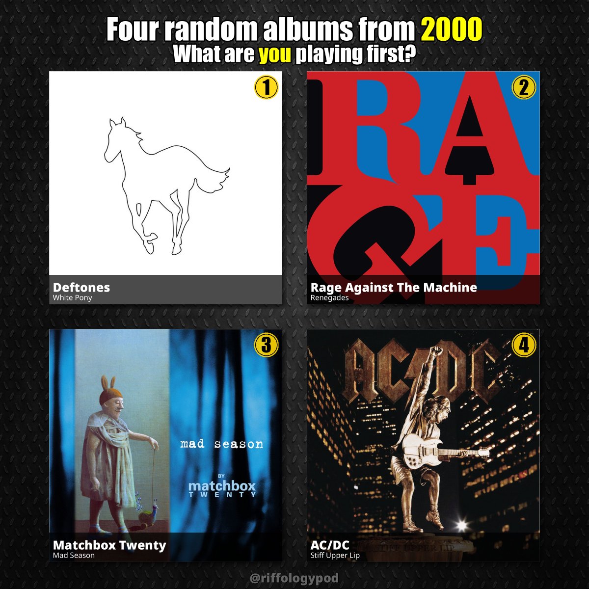 RiffologyPod's tweet photo. 🎲 Random year: 2000
Four classics – which one are you putting on first?
1️⃣ Deftones – White Pony
2️⃣ Rage Against The Machine – Renegades
3️⃣ Matchbox Twenty – Mad Season
4️⃣ AC/DC – Stiff Upper Lip
#Deftones #MatchboxTwenty #AC/DC #2000music #albumsof2000 https://t.co/xUJlHUxMo1