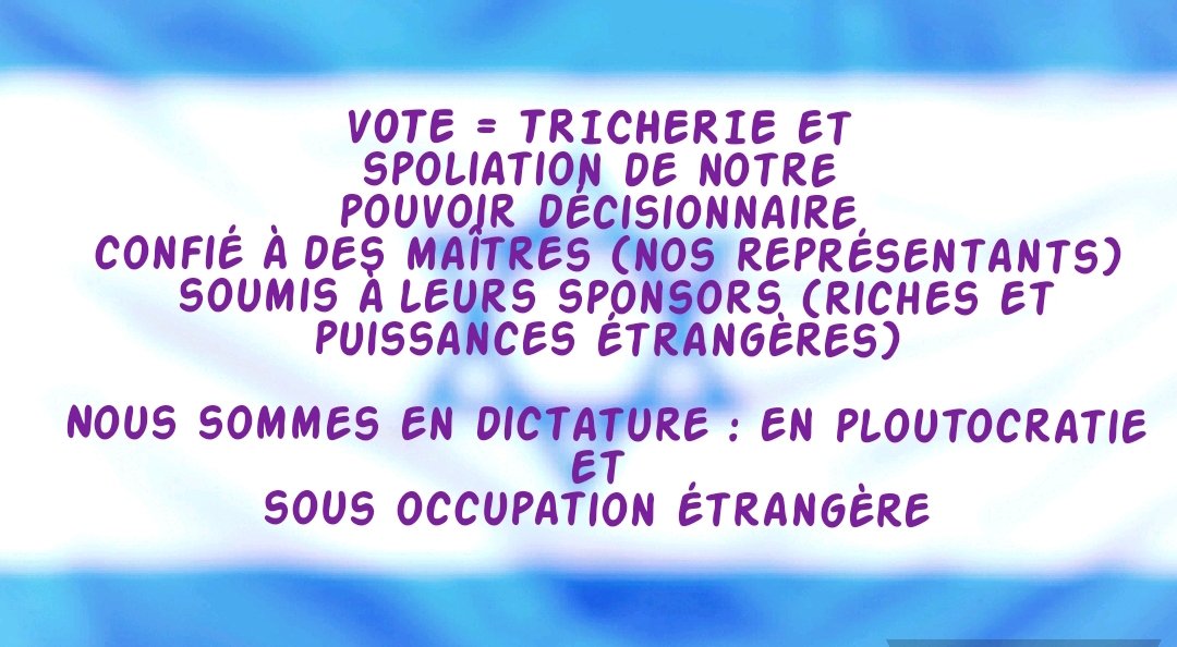 PatRowvitt's tweet image. Foutons TOUS nos pourritiques dehors!
Nul besoin de l'élection, de représentants, ces traîtres voleurs assassins
#Frexit le peuple récupère ses frontières, lois votées par #RIC, l'Administr. gère, contrôleur tiré au sort
200ans de démocratie des Athéniens
youtu.be/hL_GRPGGMPs