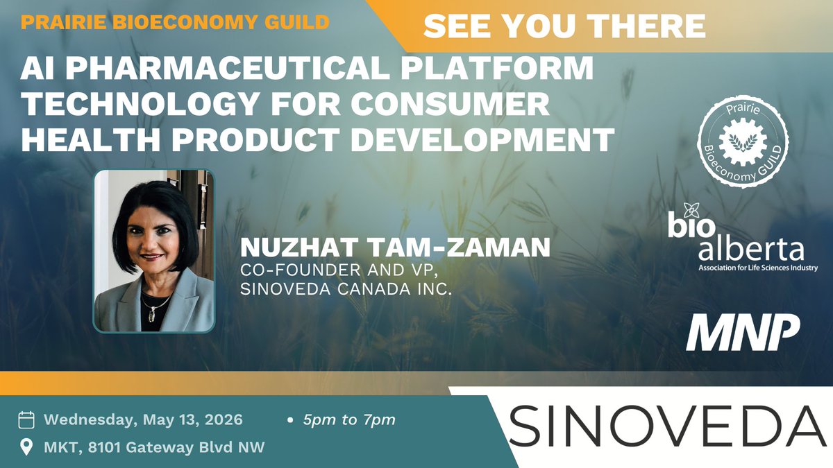 Bioalberta's tweet image. Join BioAlberta and MNP on May 13th for our Prairie Bioeconomy GUILD, featuring a talk by Dr. Nuzhat Tam-Zaman Ph.D of Sinoveda.

🎟️ Register now: simpli.events/e/MayGuild2026

#YEGEvents #NetworkingEvent #GuildNight