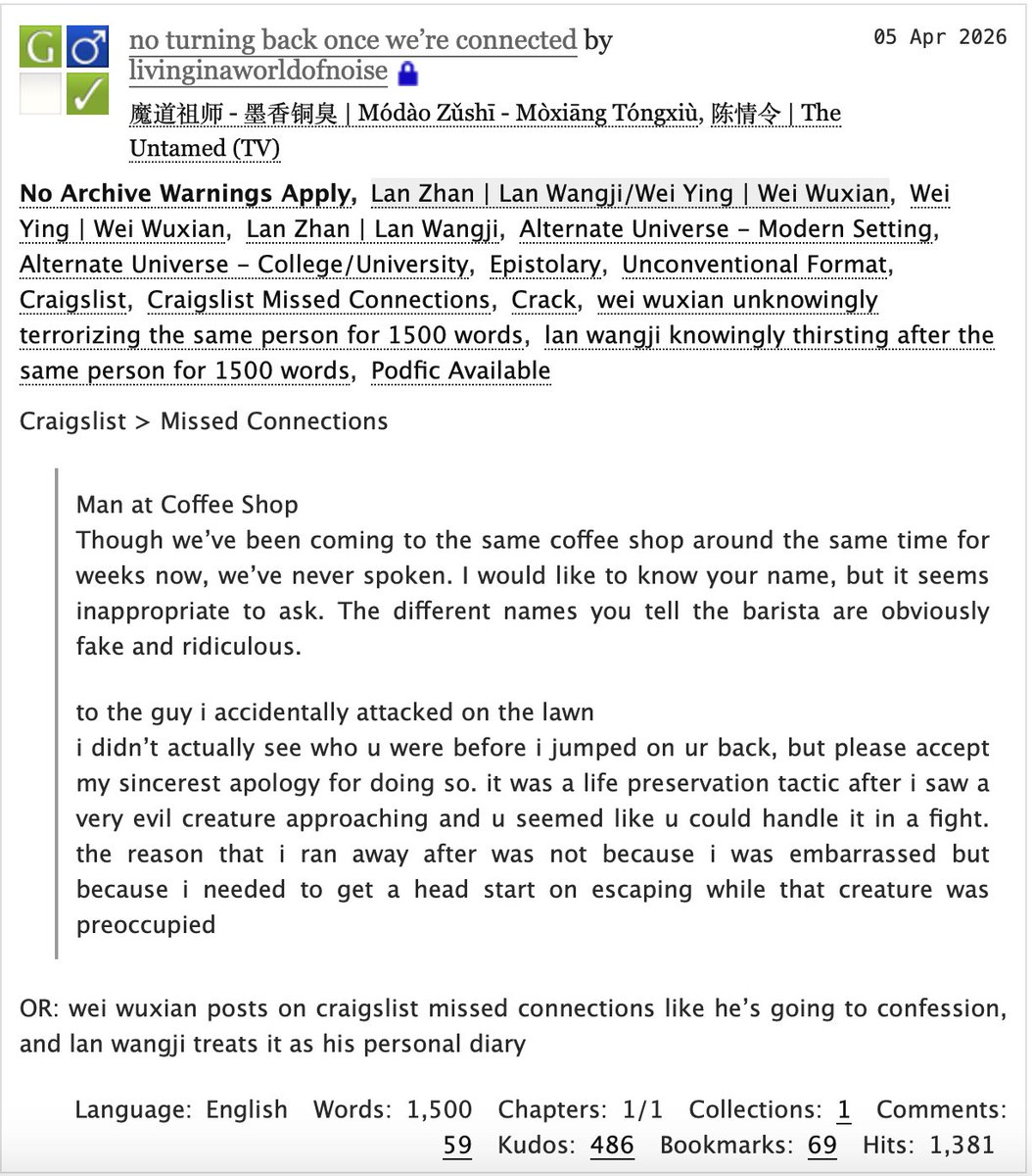 🐰WangXian Fic Rec of the Day🐰

No turning back once we’re connected by  livinginaworldofnoise Podfic by <a href="/kisahawklin/">Kisa Hawklin</a> 

This was so silly!!! An absolute delight 🤣🤣🤣🤣

Fic:
archiveofourown.org/works/82495221
Podfic:
archiveofourown.org/works/82583281