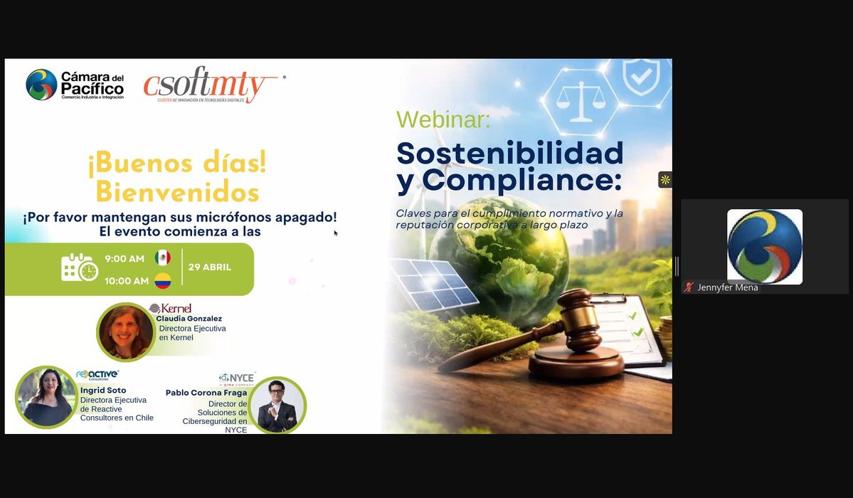 Csoftmty's tweet image. Estamos en el #webinar "Sostenibilidad y Compliance: Claves para el cumplimiento normativo y la reputación corporativa a largo plazo". Lo organizamos el #Csoftmty y la @camarapacifico.

La Cámara del Pacífico tiene presencia en Colombia, Perú, México, Chile, Panamá y Ecuador.