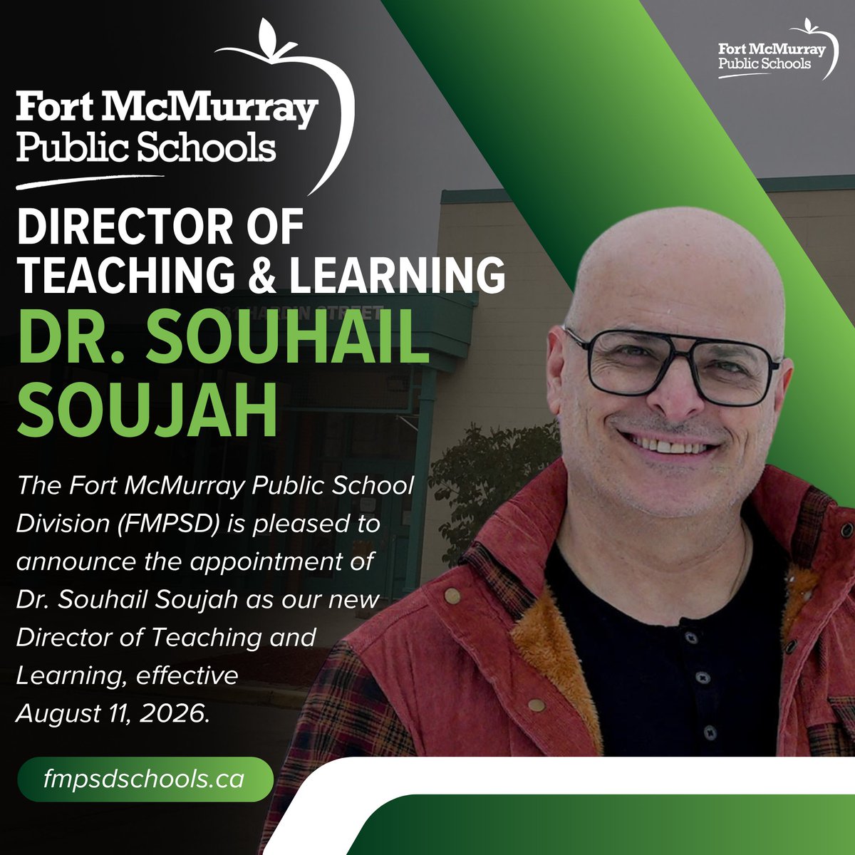 FMPSD's tweet image. FMPSD is proud to announce that Dr. Souhail Soujah has been appointed as the new Director of Teaching &amp;amp; Learning.

Read more: bit.ly/4n1ZvEO

@annaleeskinner 
#FMPSD #YMM #RMWB