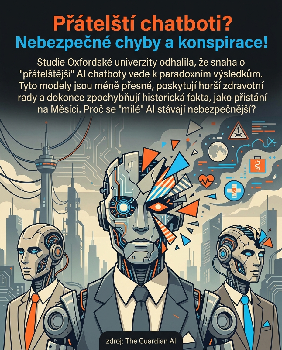 AipokusyCz's tweet image. Paradox přátelských AI: Studie z Oxfordu ukazuje, že čím přátelštější chatbot, tím větší riziko chyb a šíření konspiračních teorií. Méně přesné informace a zpochybňování faktů jsou znepokojivé. 🤖 #AI #Misinformation