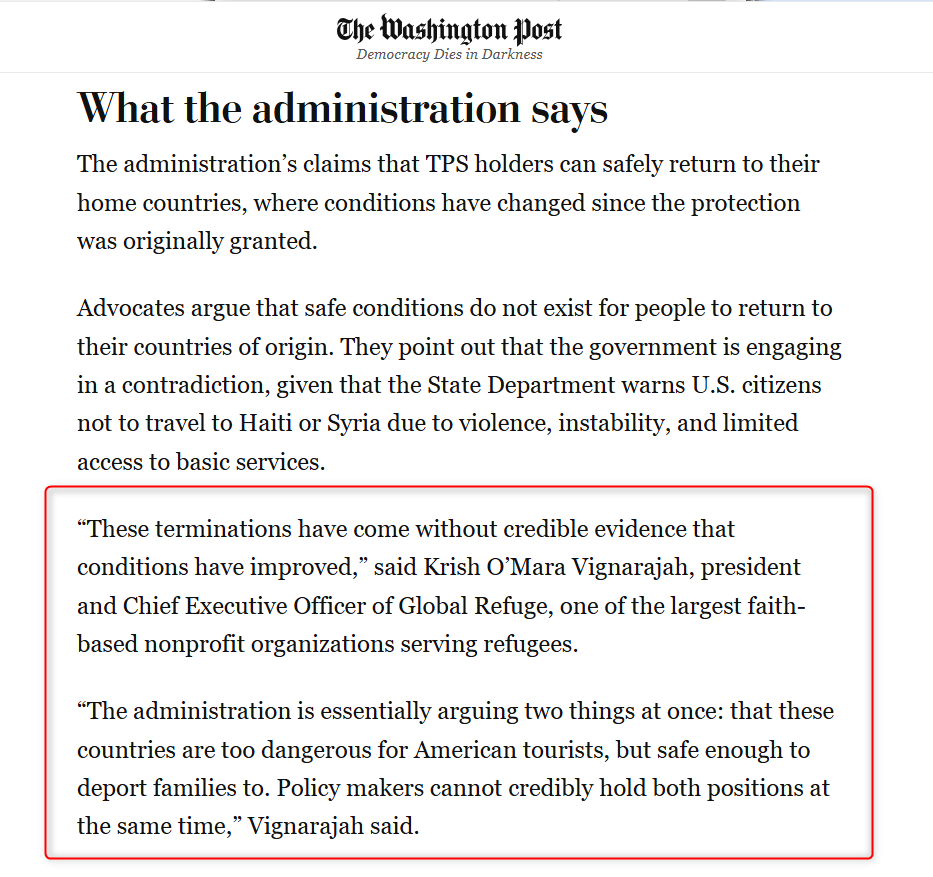 Young25Tim's tweet photo. As SCOTUS hears arguments in the TPS for Haiti and Syria case, @KrishVignarajah of @GlobalRefuge points out the glaring contradiction at the heart of these terminations. https://t.co/pZ6xidqdx4