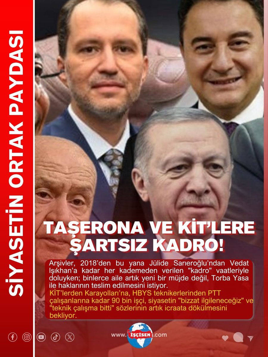 iscisenn's tweet photo. Taşeron ve KİT’te Kadro Bekleyişi: Binlerce İşçi Müjde Bekliyor!

KİT'lerden Karayolları'na, HBYS teknikerlerinden PTT çalışanlarına kadar 90 bin işçi, siyasilerin "bizzat ilgileneceğiz" ve "teknik çalışma bitti" sözlerinin artık icraata dökülmesini bekliyor. 

#SonDakika #TaşeronaKadro #TBMM #TorbaYasa #Gündem