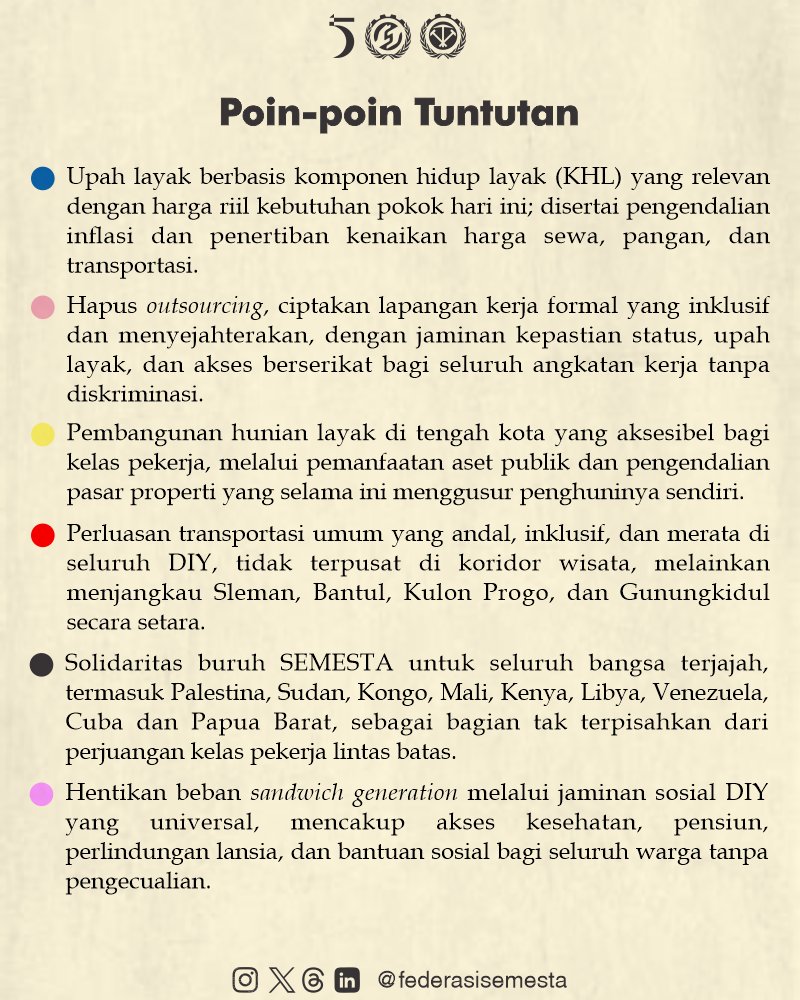 FederasiSEMESTA's tweet photo. Dua hari lagi kita turun ke jalan🏃🏻‍♂️🏃🏻‍♂️

May Day bersama SEMESTA. Tuntut upah layak, hapus outsourcing, hunian terjangkau, jaminan sosial untuk semua.

📍 Tugu Yogyakarta (Bendera SEMESTA)
⏰ 08.30 WIB, 1 Mei 2026
📞 081228805285 https://t.co/IudooNBADu