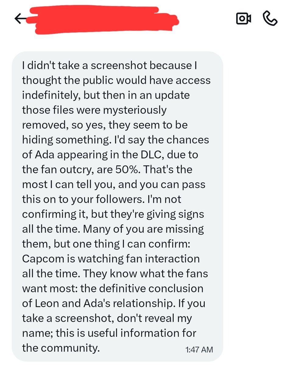 2003_sarah_s's tweet photo. Ada/Aeon nation: I received this message. 
As the person themselves said - don’t take this as confirmation, just as a piece of side information. I definitely won’t reveal the person’s name.
No one can know it 100% for sure. But I do think Capcom is acting really suspicious. https://t.co/mZxPSQ62gQ