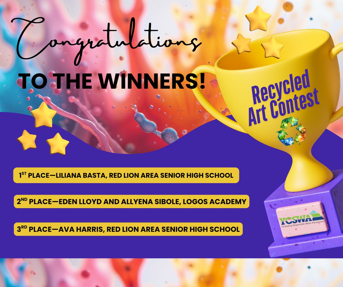 YorkSolid's tweet photo. Congratulations to the winners of YCSWA’s 2026 Earth Day Recycled Contest!
1st Place—Liliana Basta, Red Lion Area Senior High School
2nd Place—Eden Lloyd and Allyena Sibole, Logos Academy
3rd Place—Ava Harris, Red Lion Area Senior High School https://t.co/YFULB5mkyM