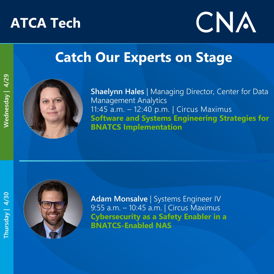 CNA_org's tweet photo. CNAers Shaelynn Hales and Adam M. are at #ATCATech this week. They’ll be participating in critical discussion on software, systems, engineering strategies and cybersecurity in the Brand New Air Traffic Control System (#BNATCS).
@ATCA_now https://t.co/PPzOAgADmN