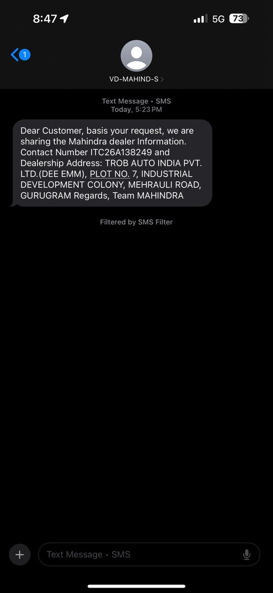 iosharoon's tweet photo. Dear Customer, basis your request, we are sharing the Mahindra dealer Information. Contact Number ITC26A138249 and Dealership Address: TROB AUTO INDIA PVT. LTD.(DEE EMM), PLOT NO. 7, INDUSTRIAL DEVELOPMENT COLONY, MEHRAULI ROAD, GURUGRAM Regards, Team MAHINDRA
Massage from Mahindra