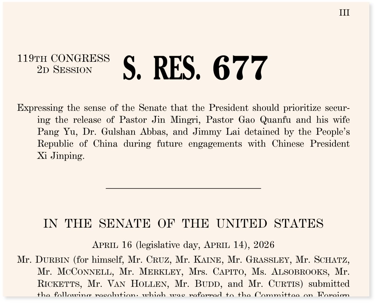 luke_alliance's tweet image. Encouraged by @SenatorDurbin's S.Res.677 — urging @POTUS to prioritize releasing Pastor Jin Mingri, Pastor Gao Quanfu &amp;amp; Pang Yu, Dr. Gulshan Abbas, and Jimmy Lai from PRC detention
Press Chairman Xi. Reunite them with their families.
#FreePastorJin #FreeJimmyLai #ReligiousFreedom