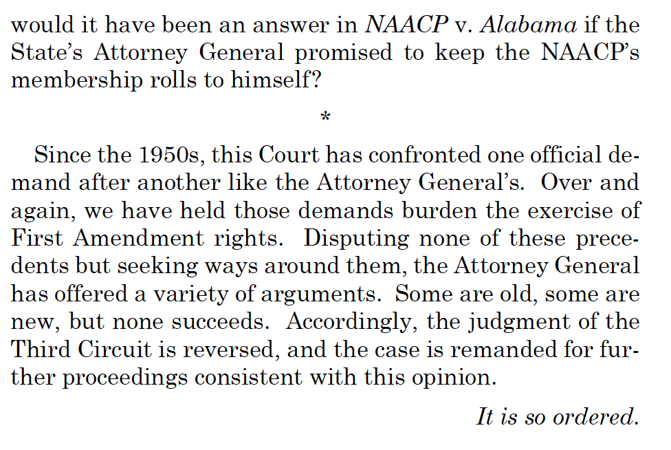 KnowlesGardner's tweet image. Today, the Court's unanimous ruling in this case sends a powerful message about the importance of #freespeech and #donorprivacy. And it is so gratifying to see NAACP v. AL play such a prominent role in Justice Gorsuch's opinion.