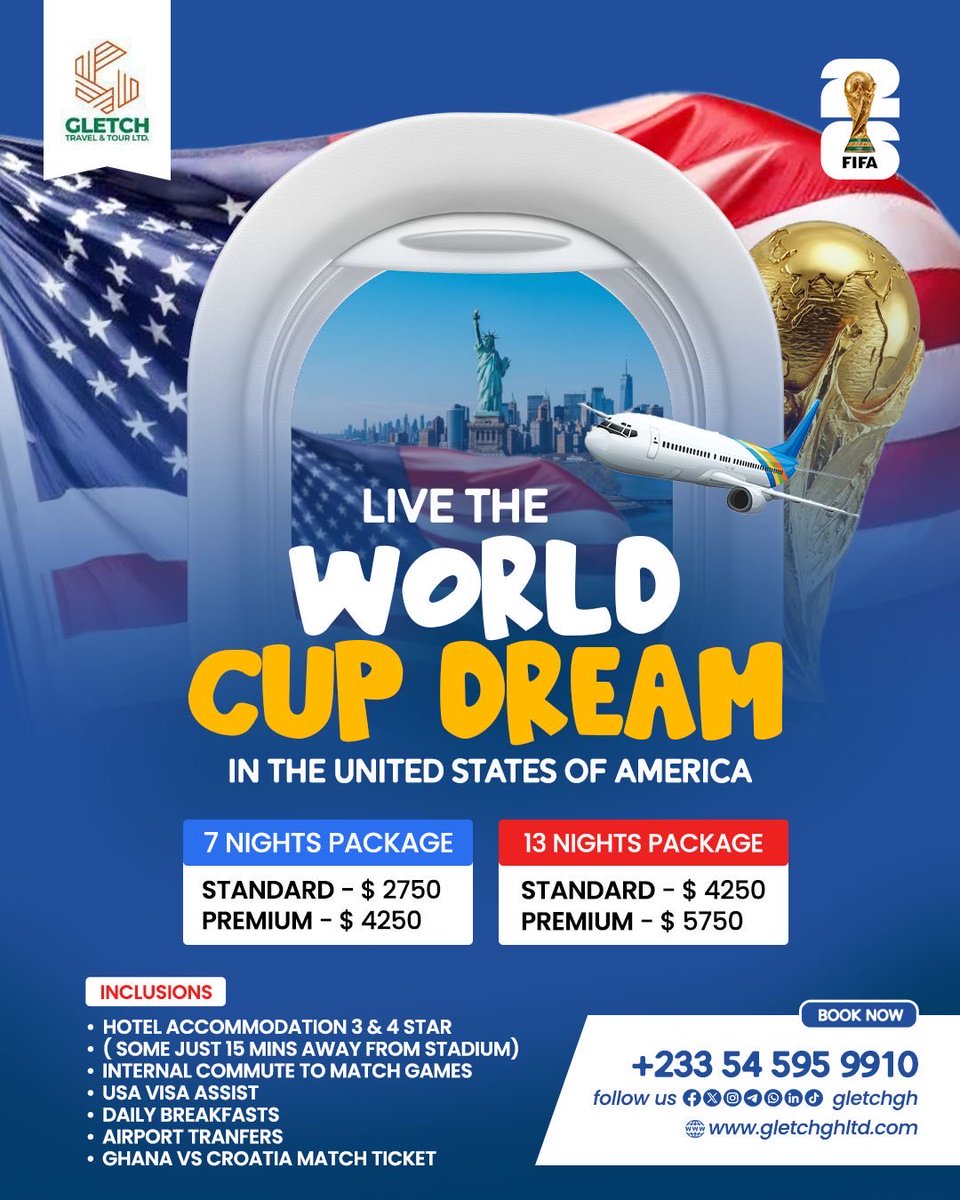 gletchGH's tweet photo. The world is heading to FIFA World Cup 2026 in the United States 🇺🇸✈️🌍

Experience the energy, the passion, and the unforgettable moments live. Match tickets and visa appointments are now open, with limited slots available.
Secure your spot today

📲Call / WhatsApp: 0545959910 https://t.co/SynfgV0wpC