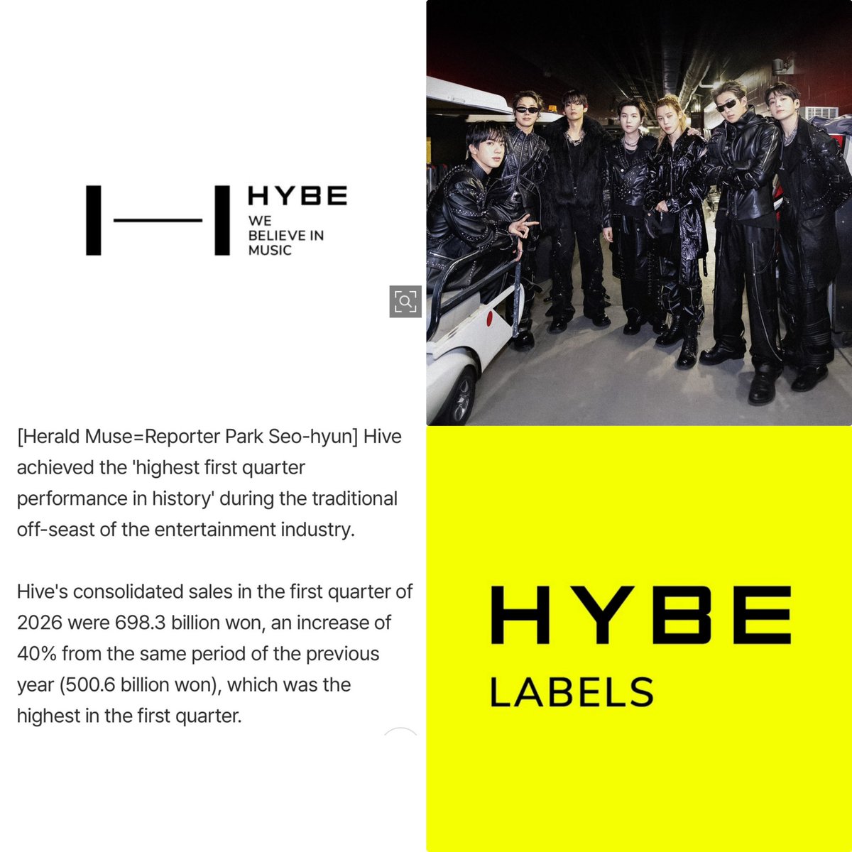 📊🚨| CORRECTION:

#HYBE’ highest Q1 in history: 
#1 2026 Q1 — 698.3B Won (+40%) 🔺
#2 2025 Q1 — 500.6B Won 🔻

In 2026 the center of the surge was #BTS’ 5th Album ‘ARIRANG’

🚨BangPD sold his shares which led to less profit but the revenue was THE HIGHEST 🚨